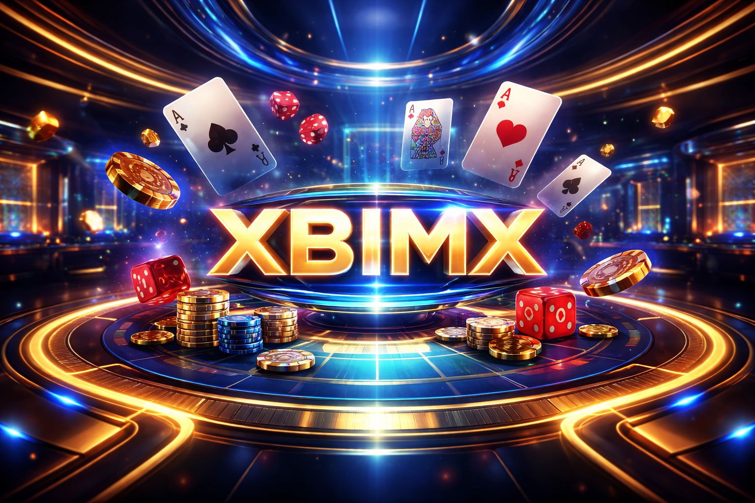 Vestíbulo de casino XBIMX estilizado con fichas brillantes, cartas, dados e íconos de juegos digitales en un entorno vibrante.
