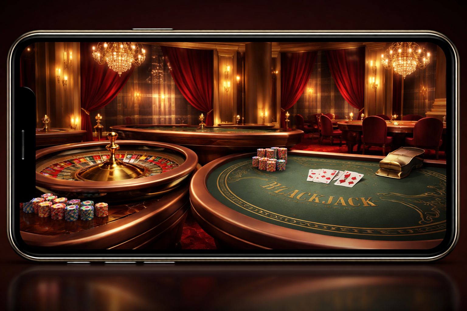 Estudio moderno de casino en vivo en pantalla móvil con iluminación de mesa de crupier y visuales elegantes de juego.