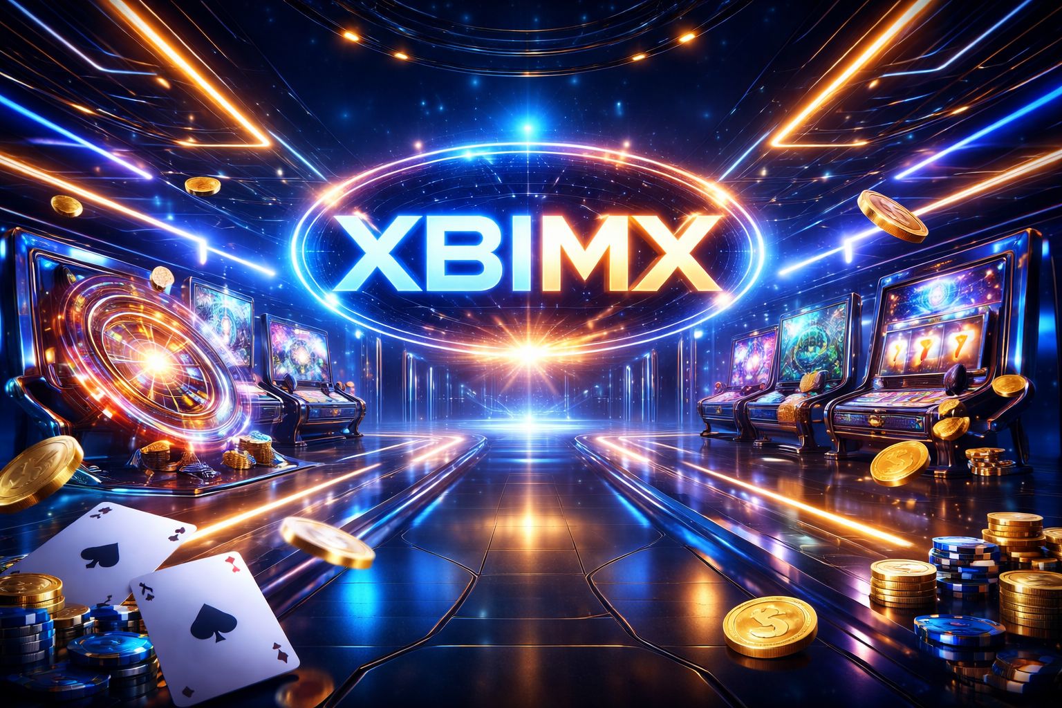 Una vibrante escena digital de casino para XBIMX con pantallas brillantes, monedas, cartas y una atmósfera moderna de juego.