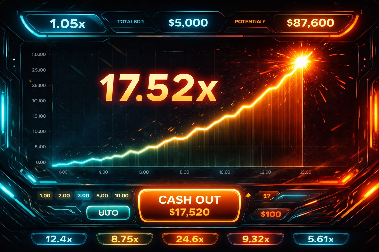 Interfaz de juego multiplicador de ritmo rápido en XBIMX con gráficos ascendentes y ambiente digital competitivo.